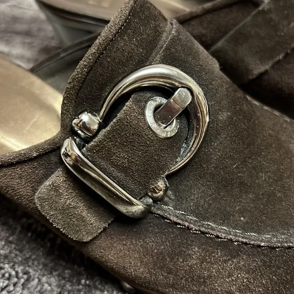 Stuart Weizmann Brown suede buckle studded clogs - Picture 6 of 8